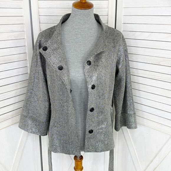 Jon by Teri Jon Open Mock Neck Metallic Belted Topper Jacket Silver Black Size 8 - Picture 7 of 16